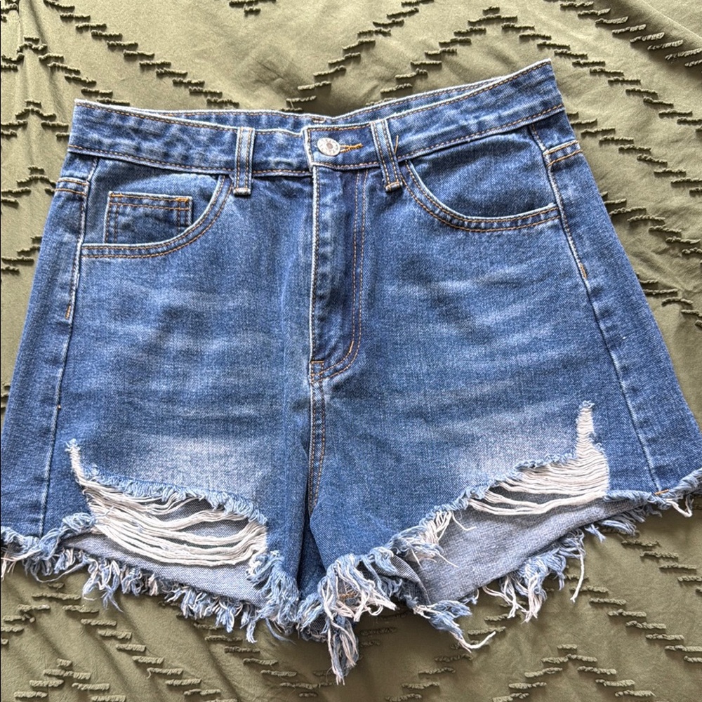 SHEIN Blue Distressed Jean Shorts with Frayed Hem